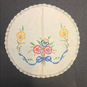 Floral Embroidered Doily with Crocheted Trim 11 Inches